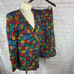 Vtg brijo midi tiered a-line skirt jacket set bright colors no size tag 80s 90s
